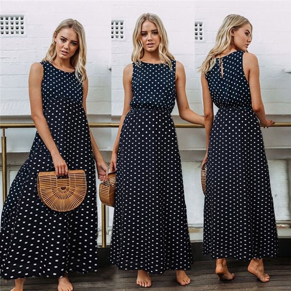 Women Loose Sleeveless Holiday Dot Print Long Maxi Dress Evening Party Beach Dresses Summer Sundress - BlackFridayBuys