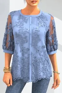 Plus Size Button Up Mesh Sleeve Embroidered Blouse