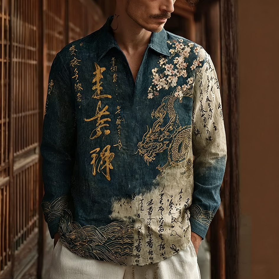 Japanese Art Retro Pattern Clash Color Design Men's Casual Linen Shirt elevenforest
