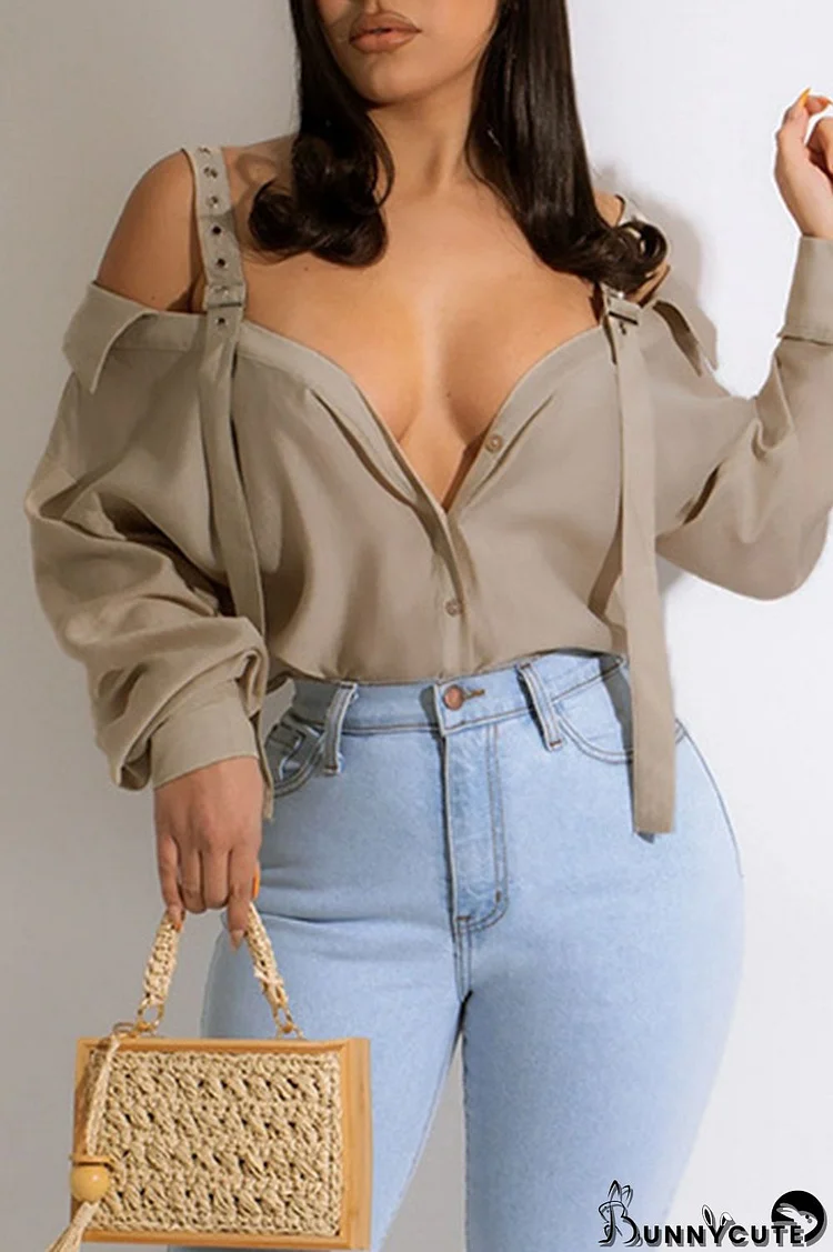 Light Coffee Fashion Casual Solid Split Joint Shirt Collar Tops