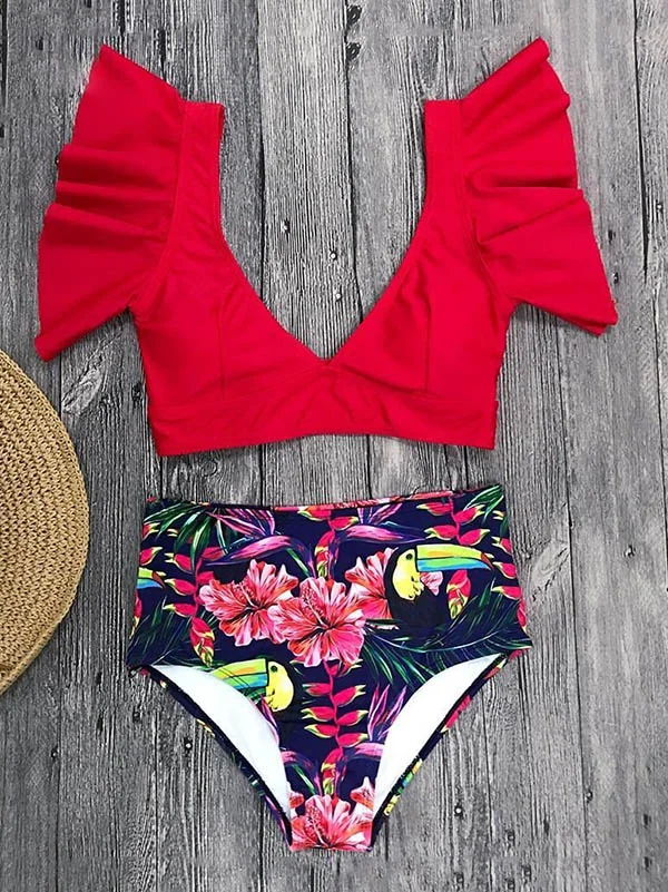 Falbala Printed Deep V-Neck Bikinis Swimsuit 