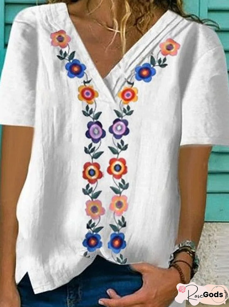 Cotton-Blend Floral V Neck Short Sleeve T-Shirt