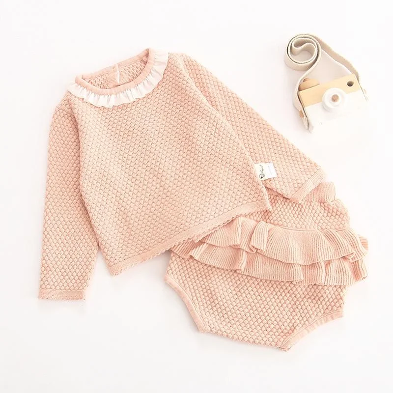 New Spring Autumn Infant Baby Girls Knit Long Sleeve Flower Coat + Braces Rompers Clothing Sets Kids Girl Suit Clothes 0-3Yrs