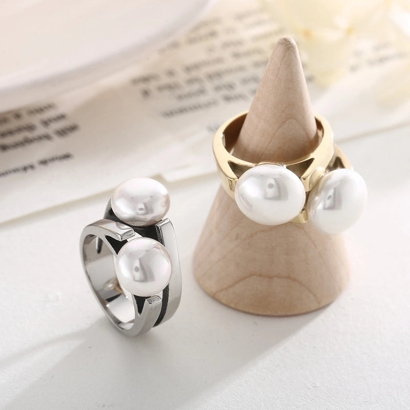 Titanium Steel 18K Gold Plated Vintage Style Plating Inlay Irregular Round Pearl Rings
