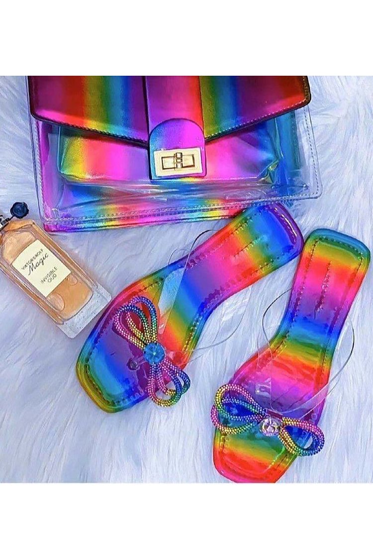 Rainbow Butterfly Knot Rhinestone Flat-Toe Slippers Sandals
