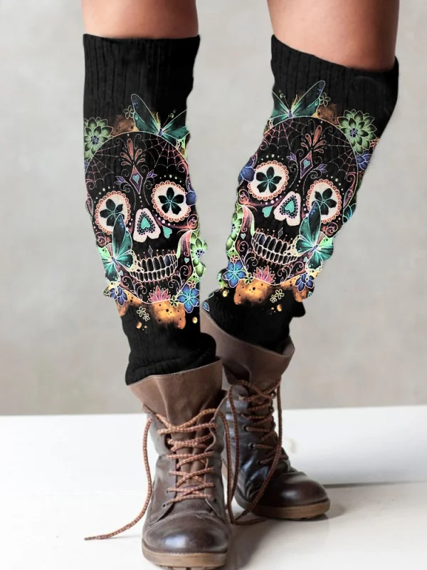 （Ship within 24 hours）Skull print knit boot cuffs leg warmers