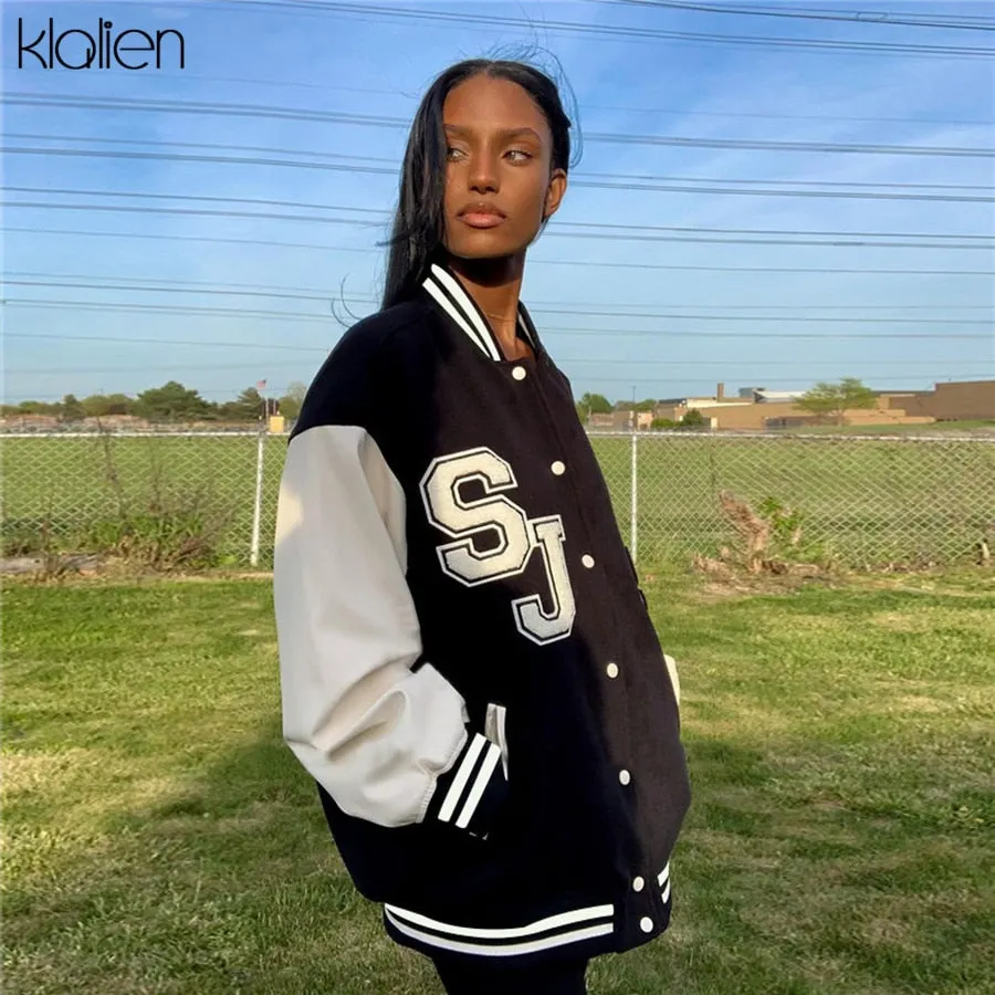 KLALIEN Autumn Casual Loose PU Leather Patchwork Letter Single Breasted Coat For Women 2021 New Street Sportswear Jacket Female