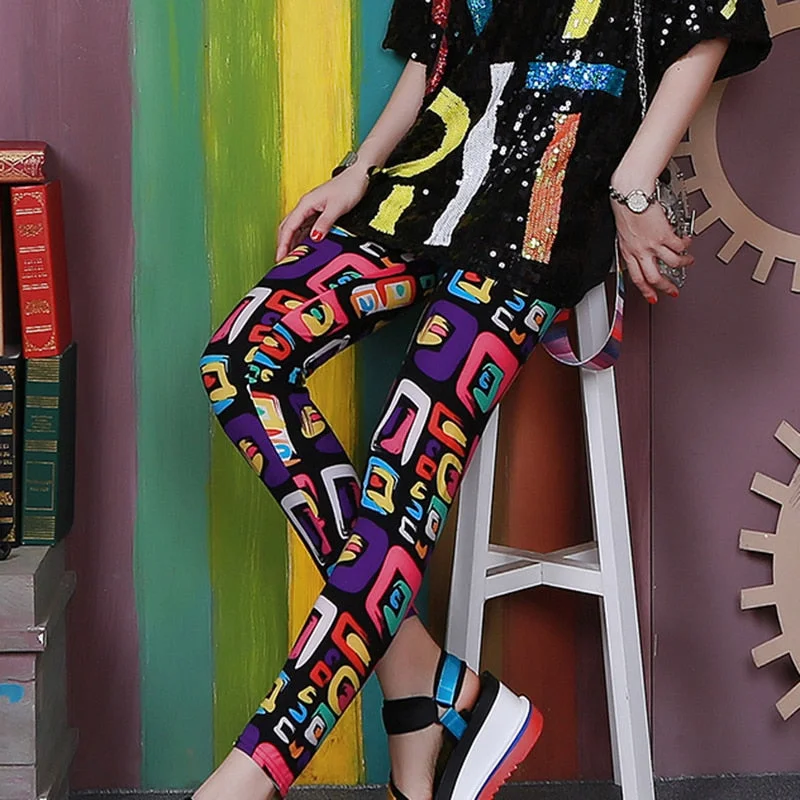 CUHAKCI Fitness Leggins Women Legging Graffiti Cartoon Printed Trousers Elastic Push Up Pencil Pants Polyester