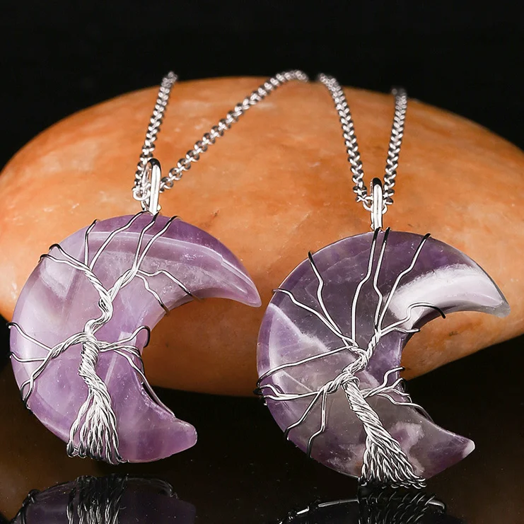 Hot Moon Tree  Powerful Chakra Healing Stone Reiki Feng Shui Meditation Pink Crystal Necklace 