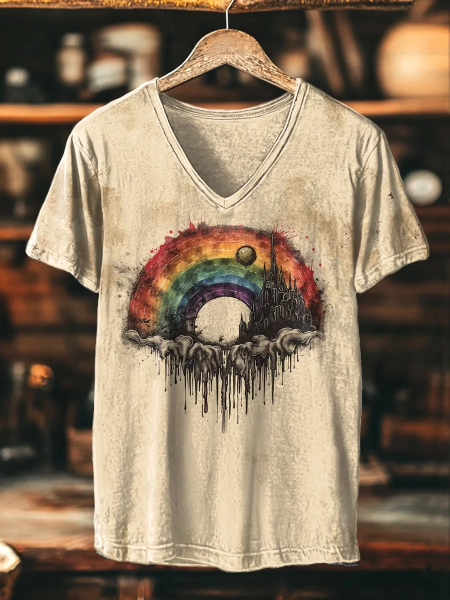 Vintage Abstract Rainbow Painting Print Casual V-Neck T-Shirt