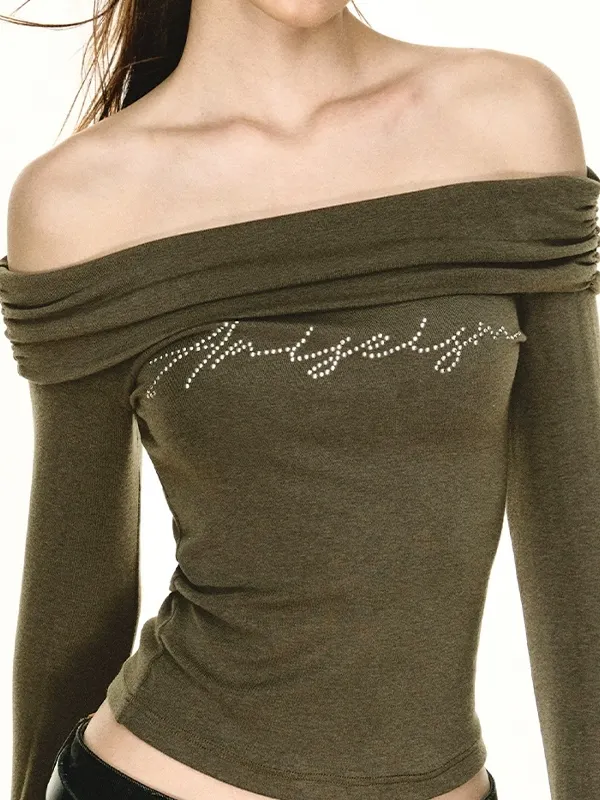 Letter Rhinestone Print Off Shoulder Long Sleeve Tee