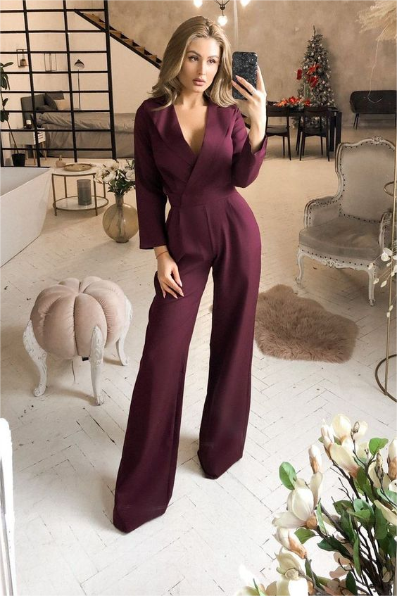 Lvs&Broner Stylish Black V Neck Long Sleeves Waist Slimming Wid-Leg Jumpsuit
