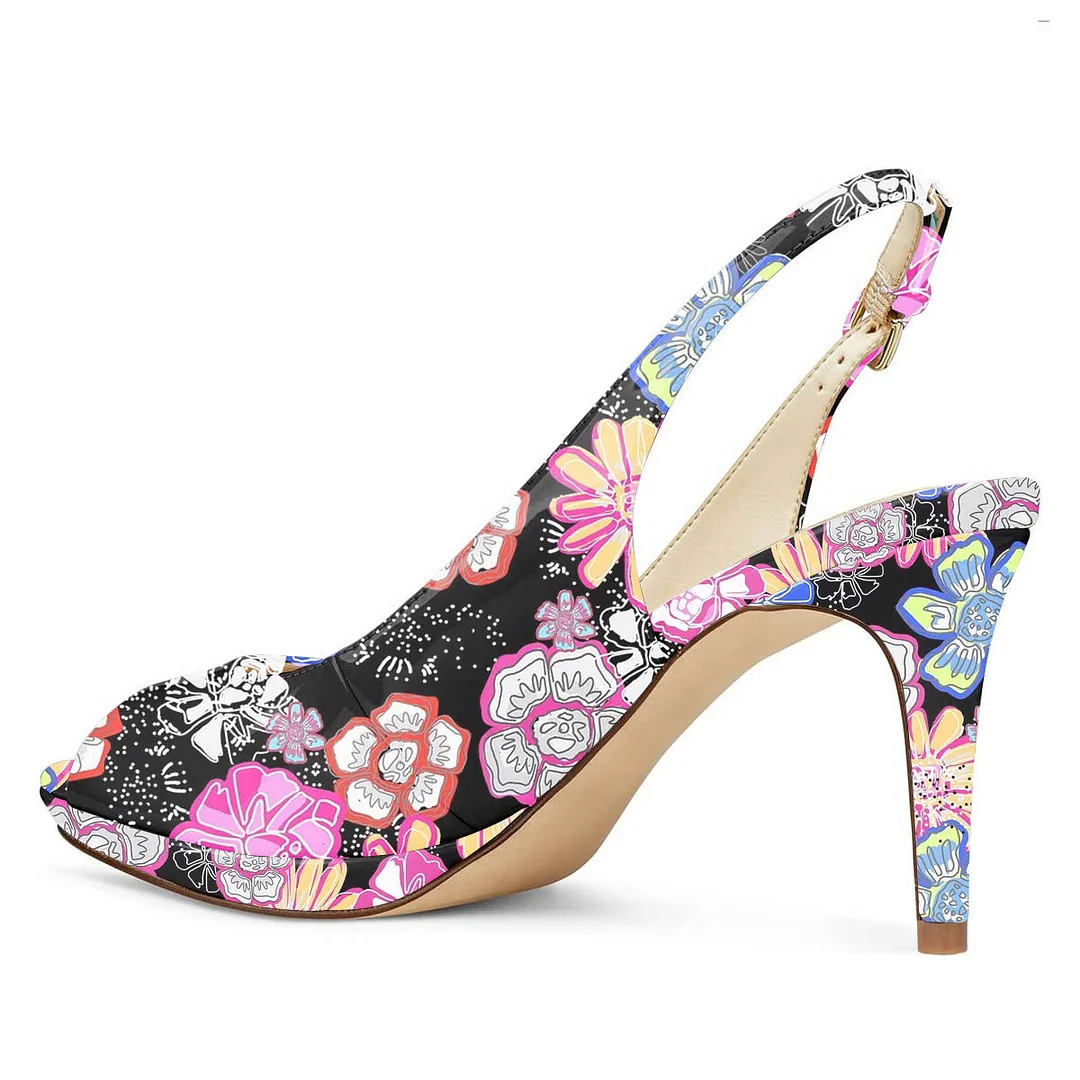 Colorful Floral Printed Peep Toe Patent Leather Platform Party Heels