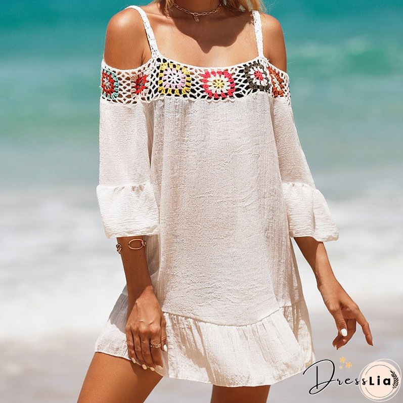 Holiday Suspenders Sun-protective Clothing Crocheted Lace Shoulder Dress Casual Short Solid Color Sunscreen Beach Skirt
