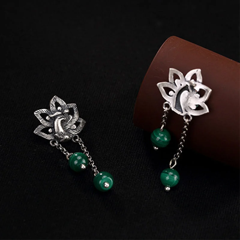 990 Sterling Silver Malachite Phoenix Peony Flower Bead Protection Drop Earrings