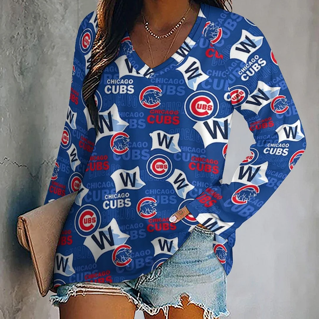 V-neck Long Sleeve Casual T-shirt for  Women and Men Printed with Pattern,Blue,Red