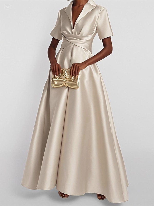 A-Line High Waisted Pleated Solid Color V-Neck Maxi Dresses