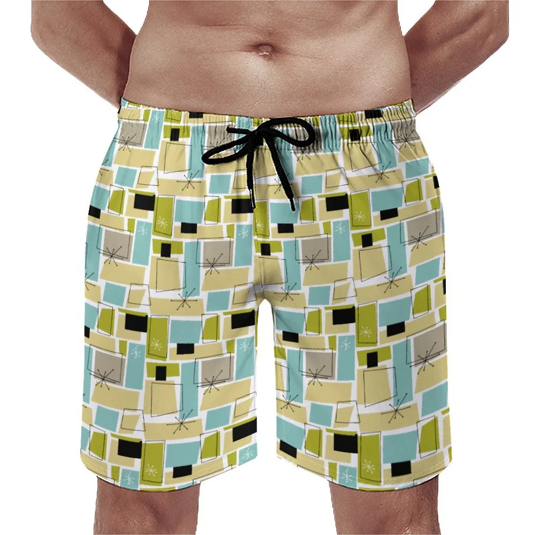 Aqua Blue Yellow Rectangles Mid Century Men's Swim Trunks Summer Board Shorts Quick Dry Beach Short with Pockets