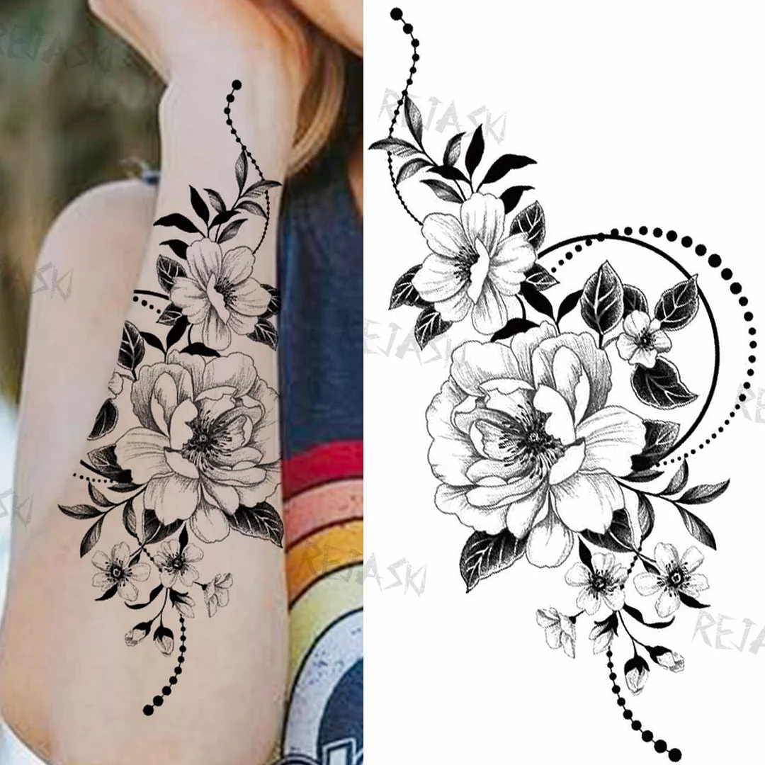 Sexy Snake Flower Fake Temporary Tattoo For Women Black Sunflower Tattoos Bloosom Big Daisy Camellia Water Transfer Tatoos Legs