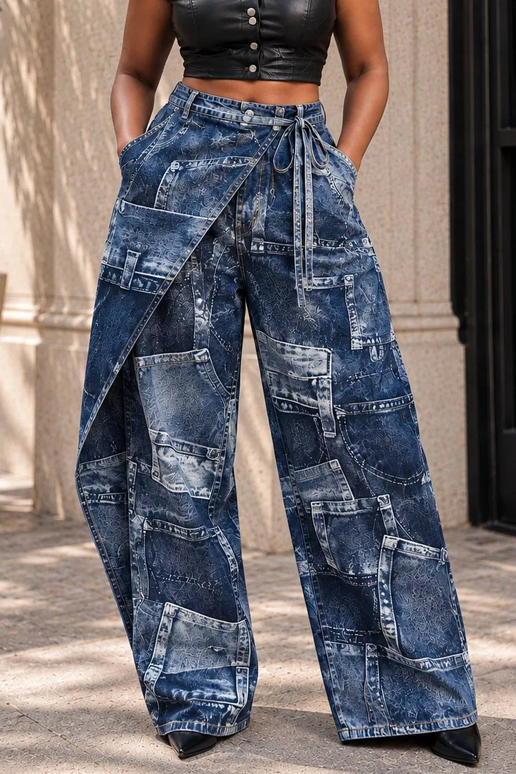 Xpluswear Design Plus Size Daily Blue All Over Print Contrast Pocket Denim Jeans [Pre-Order] 2024 - Xpluswear