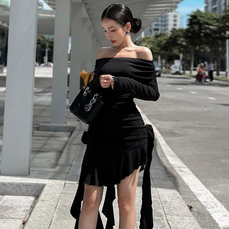 Summer and Autumn Solid Color Rose ntellectualElegant  Mature Beautifu Sexy Sweet Gentle Women'S Ruched Dress  CF23390G1