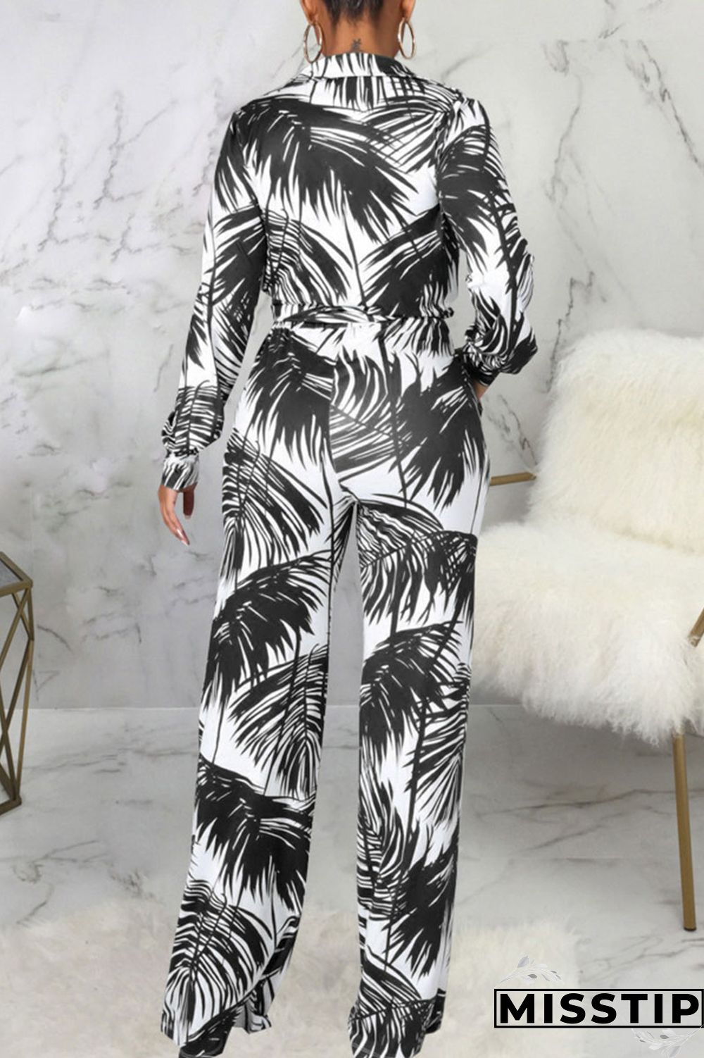 Cyan Casual Print Bandage Patchwork Turn-back Collar Long Sleeve Two Pieces