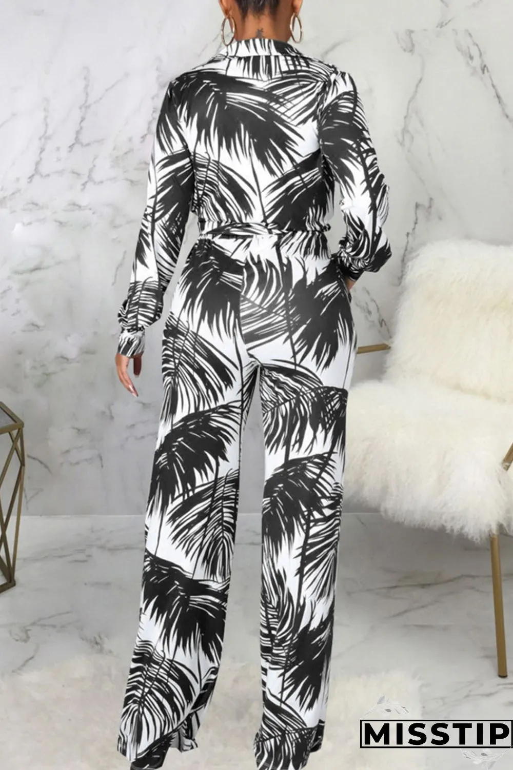 Cyan Casual Print Bandage Patchwork Turn-back Collar Long Sleeve Two Pieces