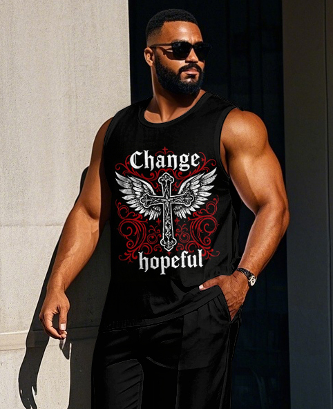 Big Men's Street Fashion Bold Cross with Wing Change & hopeful Letter Printed Vest and Pants Set