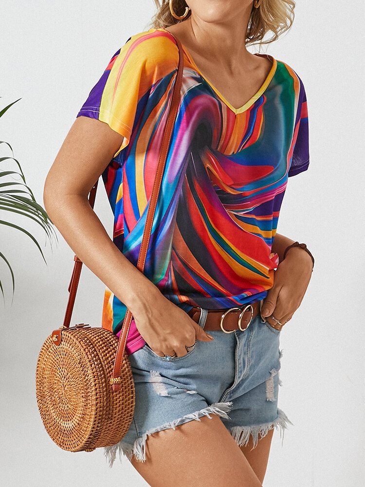 Multi color Print Short Sleeve V neck Casual T Shirt For Women P1832703