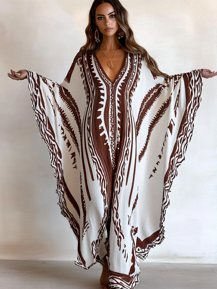 Rouge Code  Linen V-neck Long Kaftan