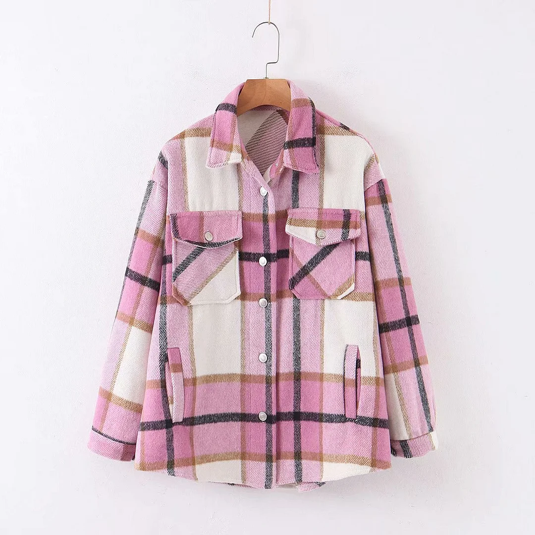 Fitshinling Vintage Checker Blouse Shirt Women Pockets Long Sleeve Tops 2021 High Quality Plaid Oversized BF Shirts Female Sale