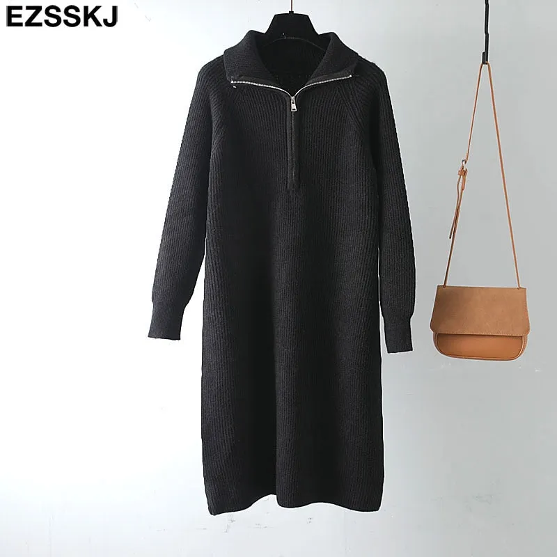 autumn winter warm Loose zipper thick sweater dress for women staight sweater dress women loose long dress Female chic dress