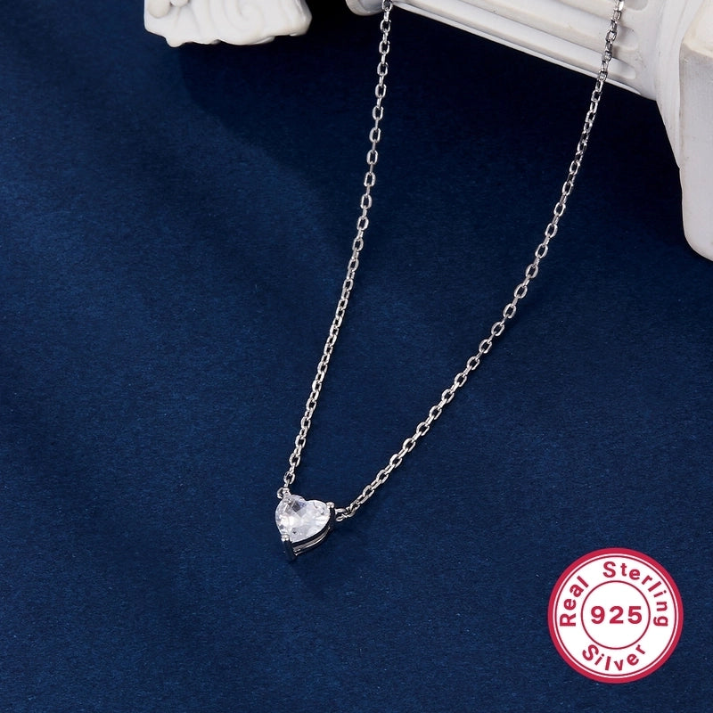 925 Sterling Silver Long-Lasting Plated Zircon Inlay Heart Shape Pendant Necklace