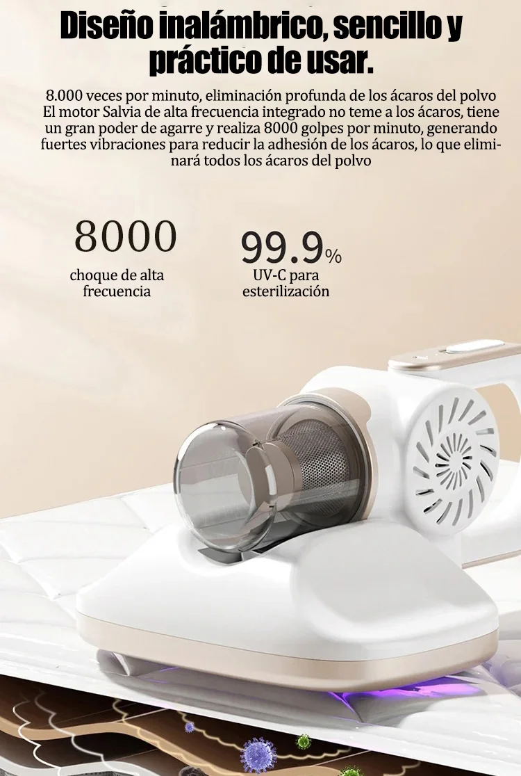 【Robot inalámbrico aspirador y trapeador】Fuerte potencia de succión para eliminación de ácaros y limpieza de pisos.