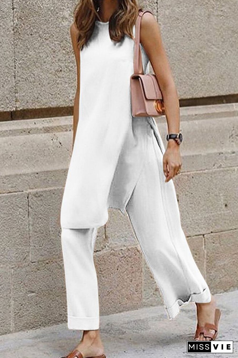 Casual Solid Slit O Neck Sleeveless Two Pieces(3 Colors)
