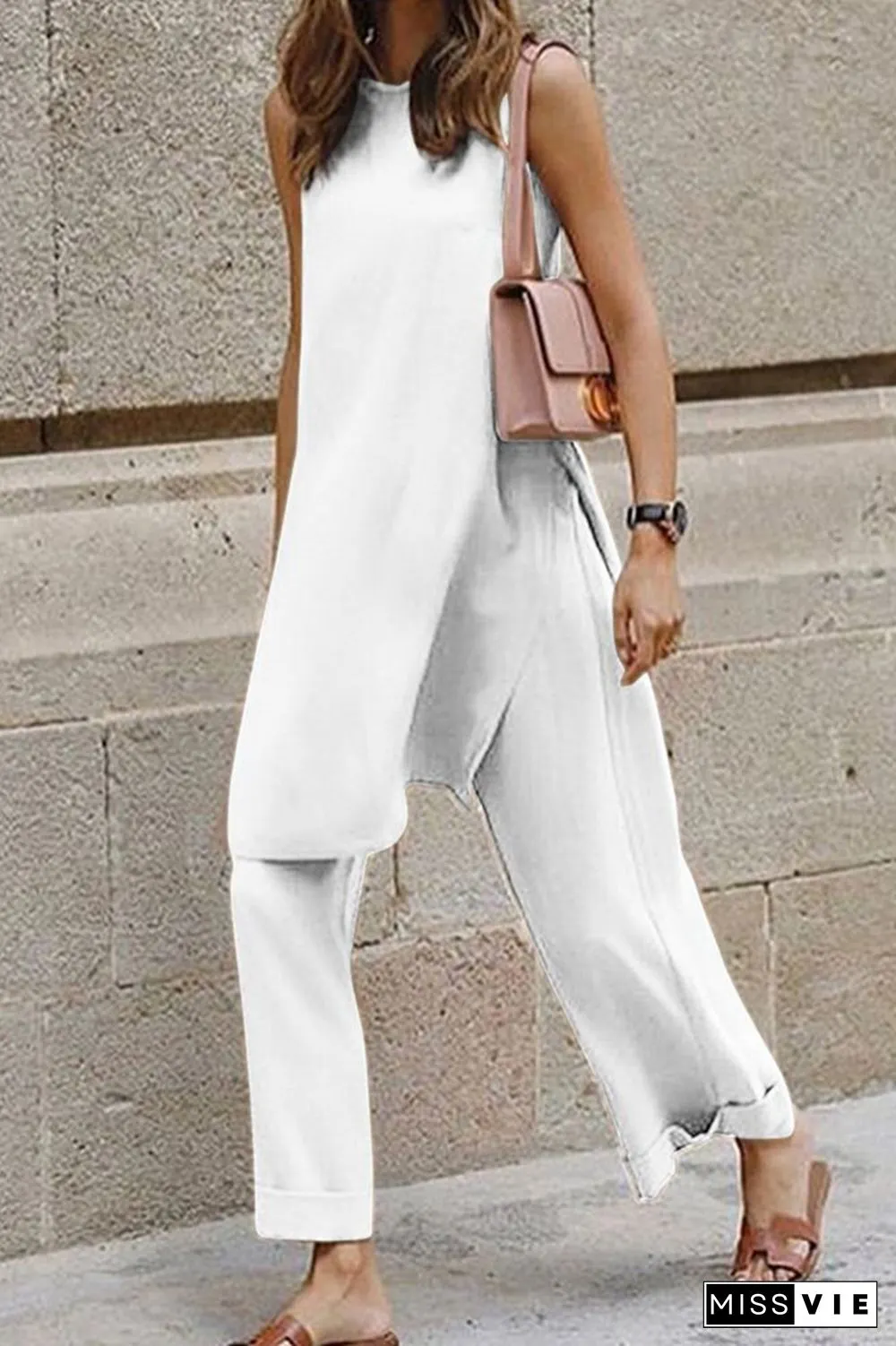 Casual Solid Slit O Neck Sleeveless Two Pieces(3 Colors)