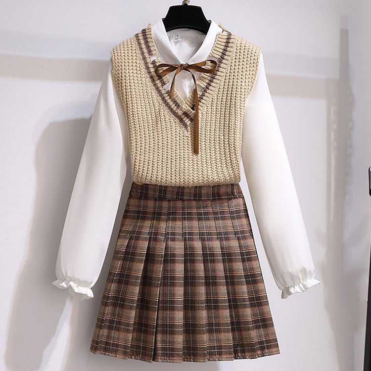 Pure Color Vest Shirt Plaid Pleated Skirt Set - Modakawa Modakawa