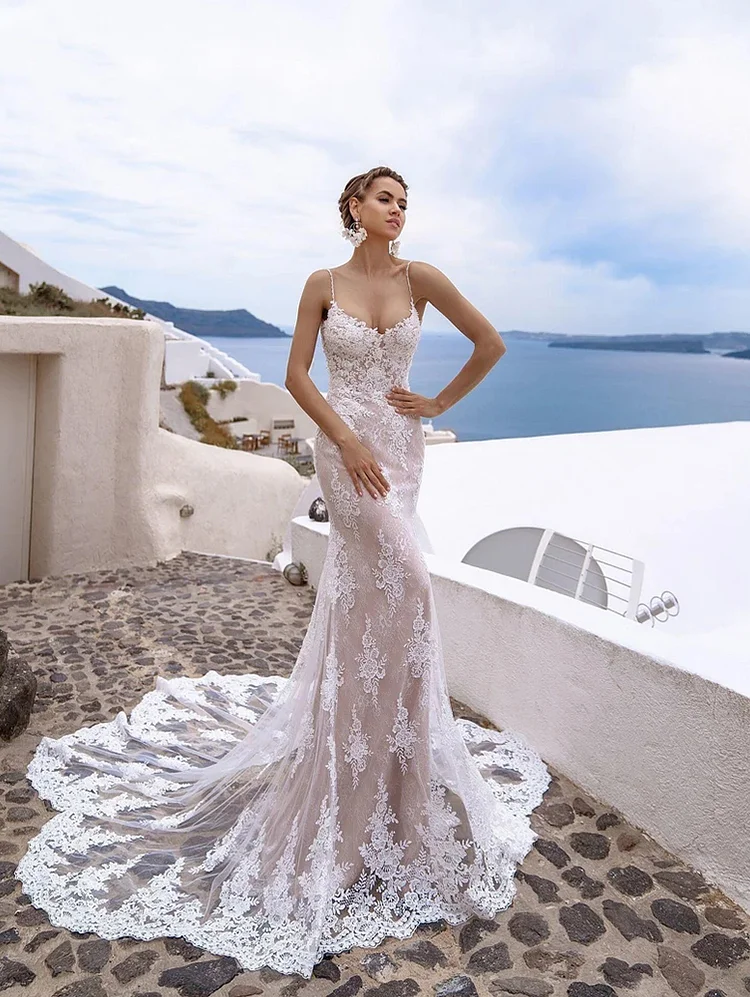 Mermaid Wedding Dresses for Bride with Lace Appliques Women Spaghetti Strap Bridal Dress 