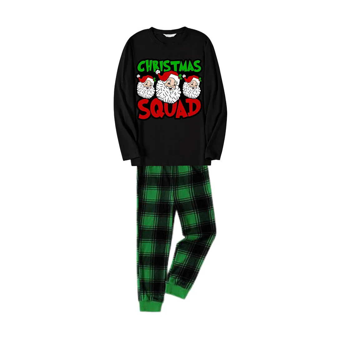 "Santa Squad" and Santa Claus Print Black Long Sleeve Top with Black And Green Plaid Pants Family Matching Pajamas