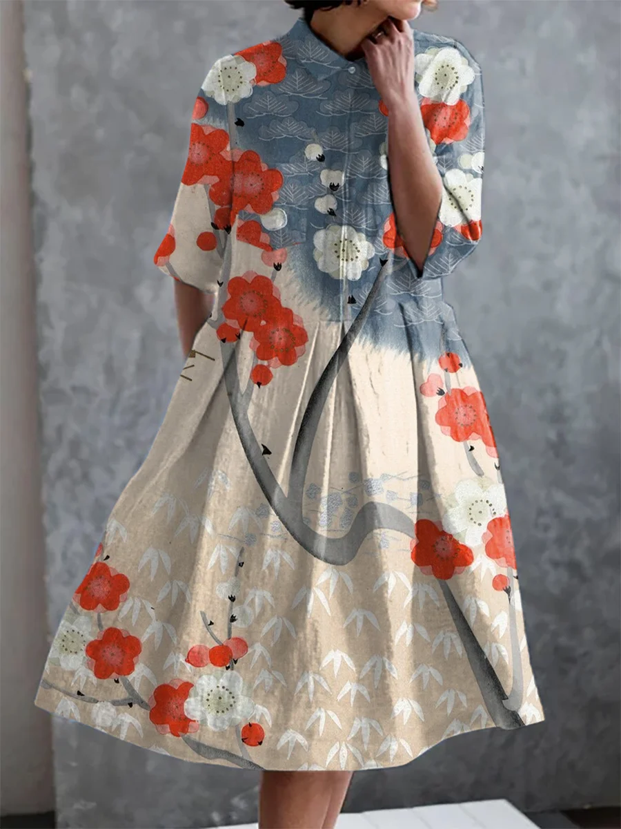 Vintage Japanese Plum Blossom Print Casual Elegant Pocket Half Sleeve Dress