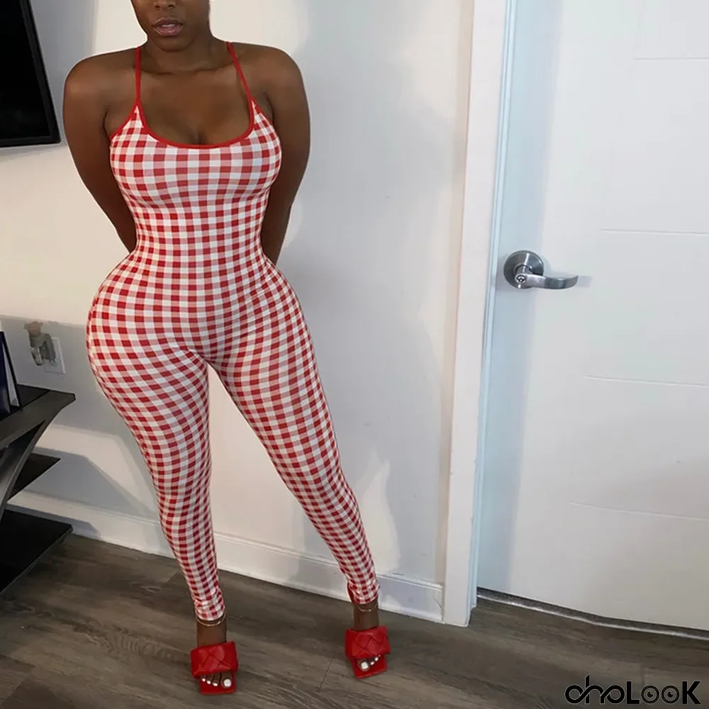 Women Sexy Slim Plaid Jumpsuit