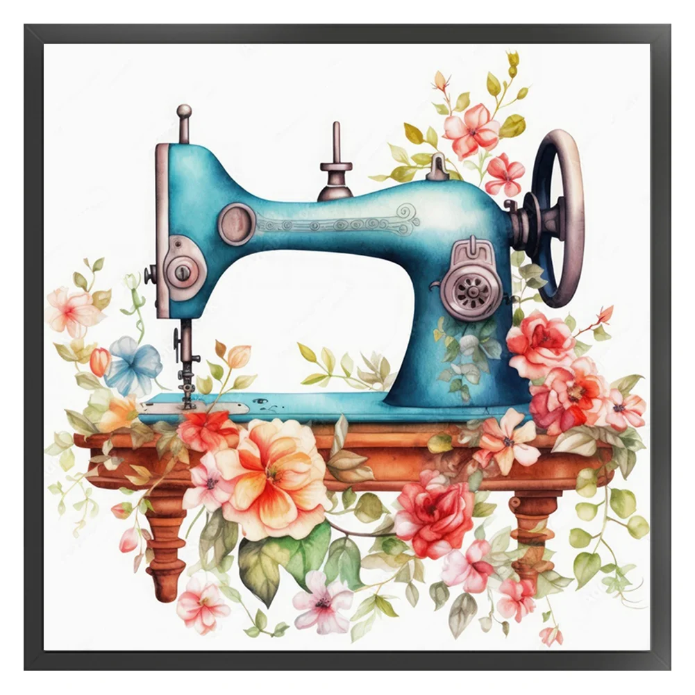 DIY Stamped Cross Stitch 14CT Full Embroidery 40*40cm - Vintage Flower Sewing Machine