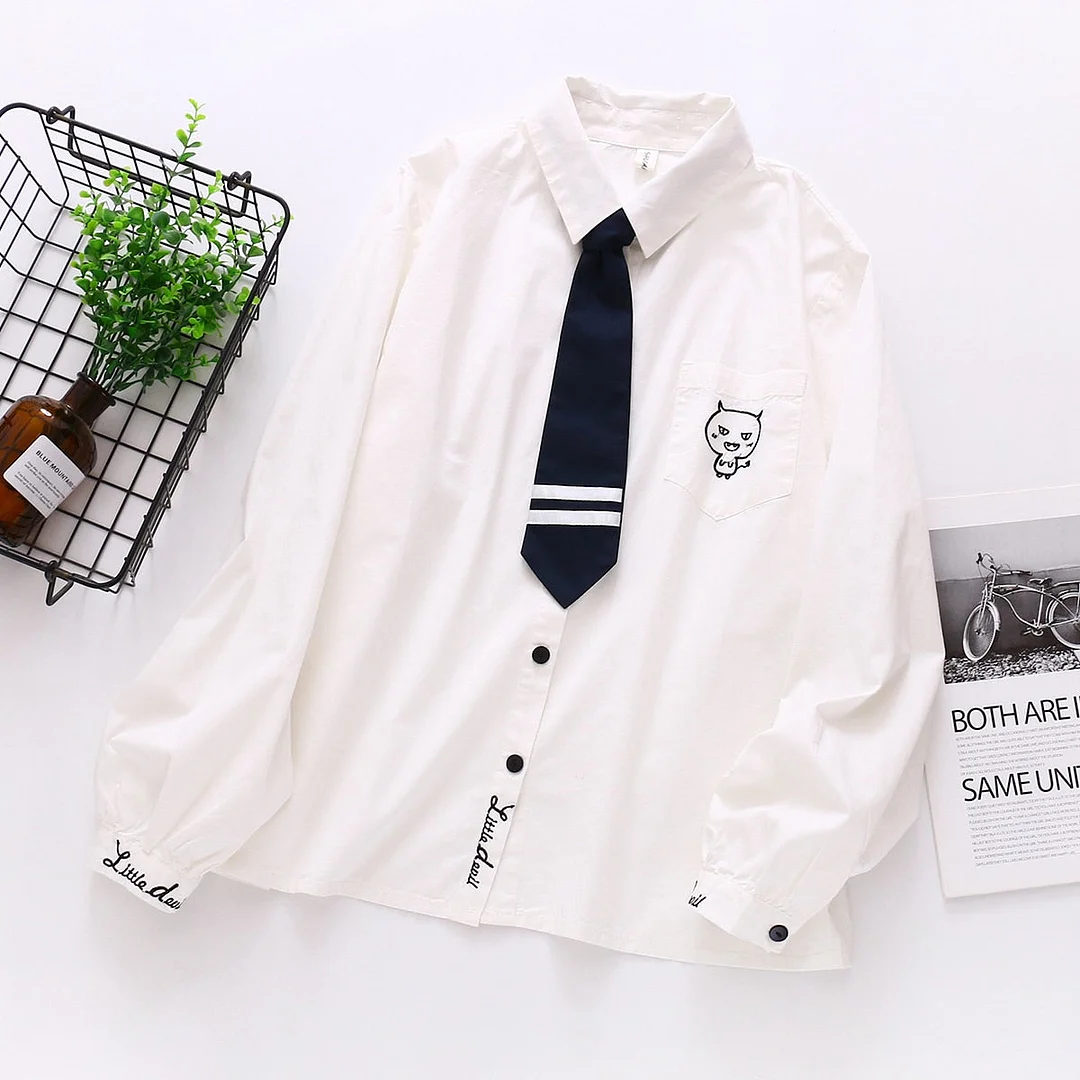 2021 Spring New Women Lantern Sleeve Cotton White Blouse With Tie Embroidery Pockets Girl JK Shirt Solid Autumn Sweet Tops T1130