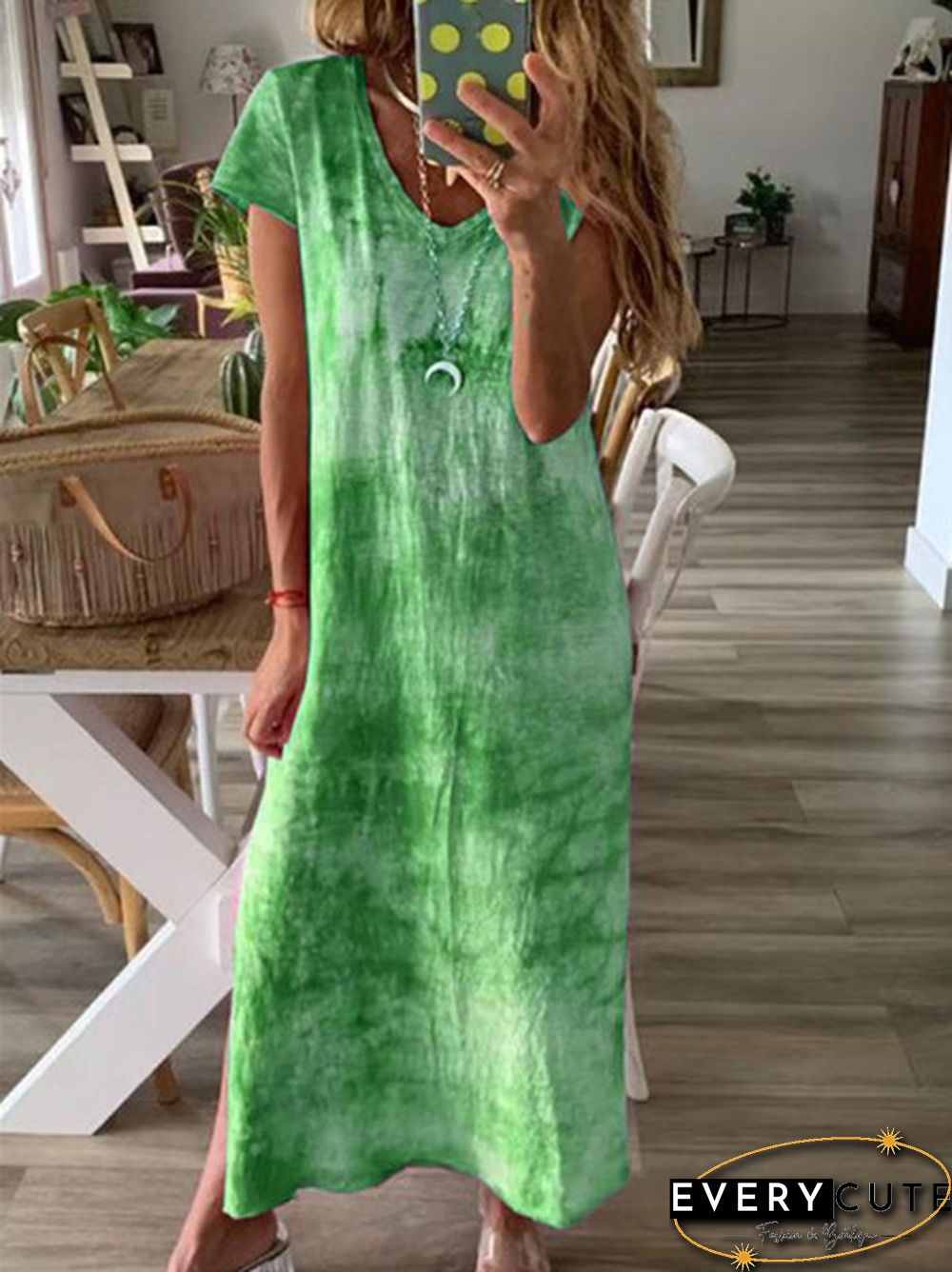 Summer Fashion Tie-Dye Short Sleeve Long Dress Loose V Neck  Maxi Dress