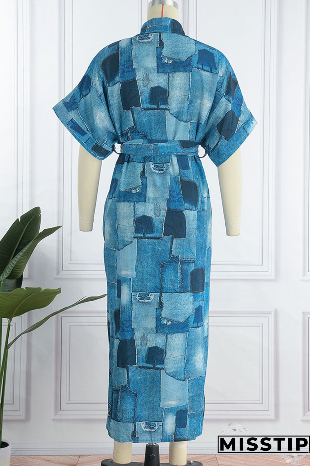 Blue Fashion Casual Print Patchwork Turndown Collar Shirt Dress