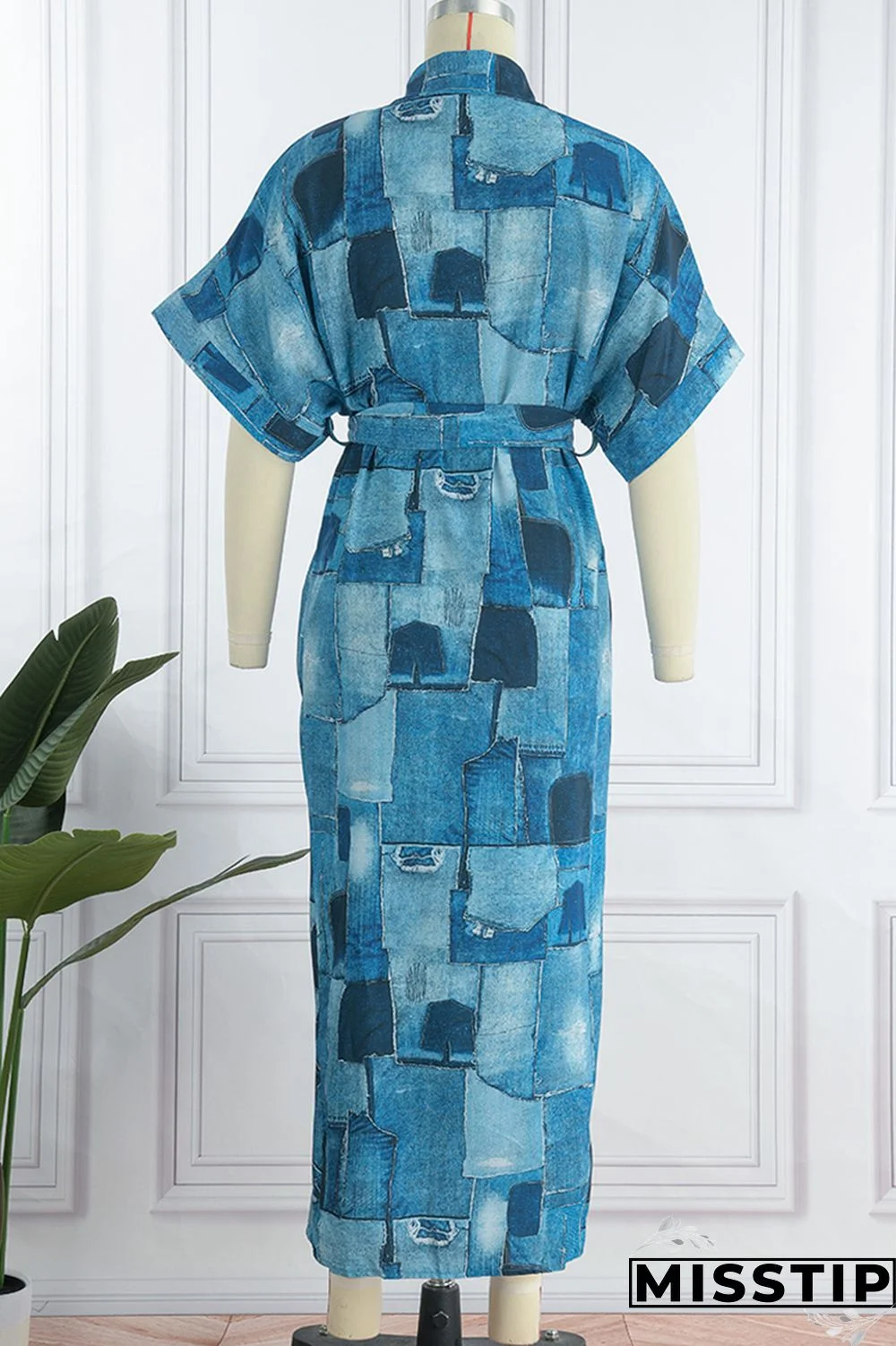 Blue Fashion Casual Print Patchwork Turndown Collar Shirt Dress