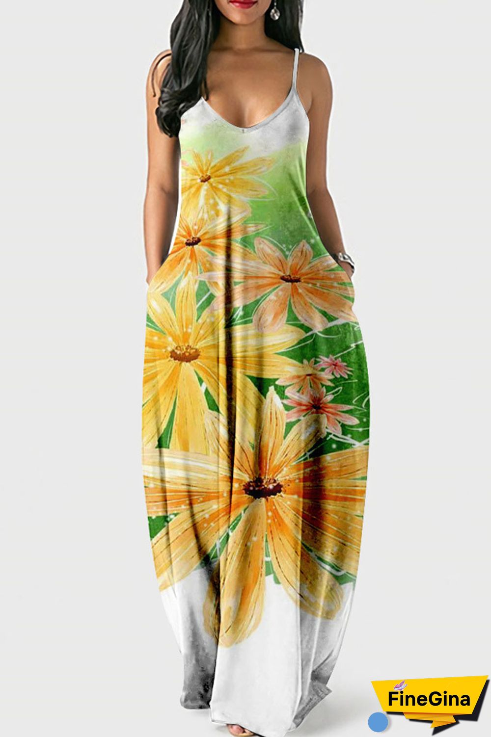 Multicolor Street Print Patchwork Spaghetti Strap Lantern Dress Dresses