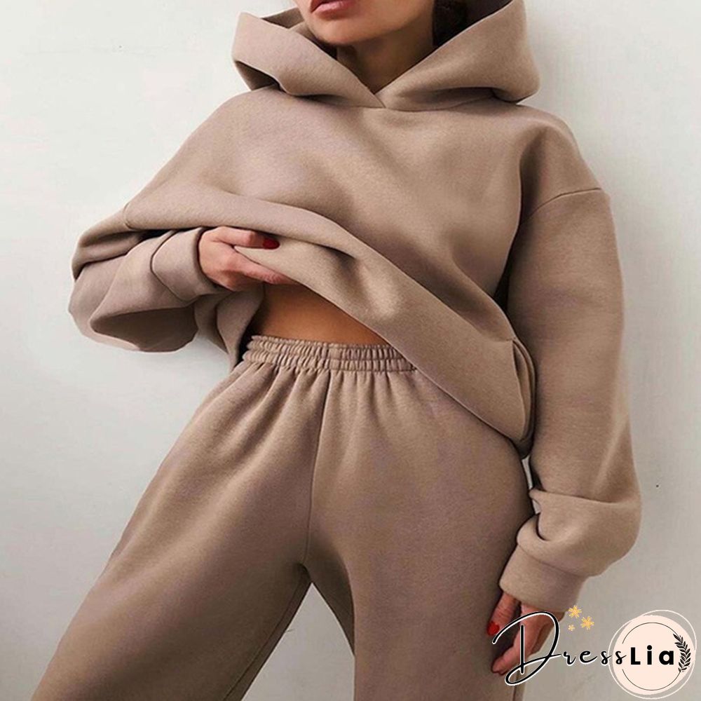 Women Hoodies Two Piece Set Long Sleeve Solid Casual Pocket Sweater Suit Spring Elastic Sport Pants Female Tracksuit