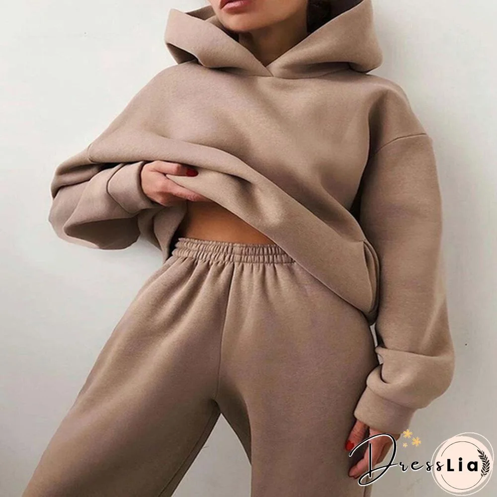 Women Hoodies Two Piece Set Long Sleeve Solid Casual Pocket Sweater Suit Spring Elastic Sport Pants Female Tracksuit