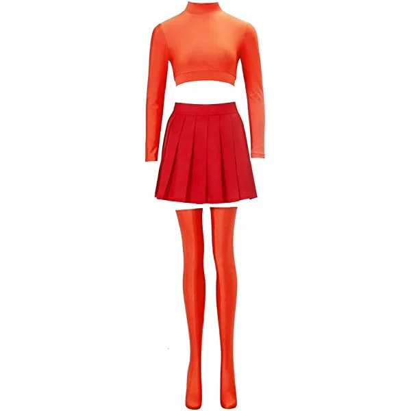 Womens Scooby Velma Costume Crop Top and Pleated Skirt Outfit Small Orange